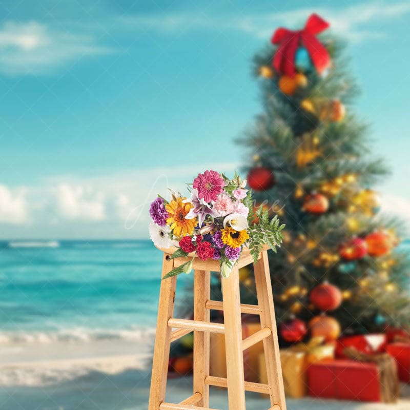 Aperturee - Aperturee Christmas Tree Gifts Blue Sky Ocean Holiday Backdrop