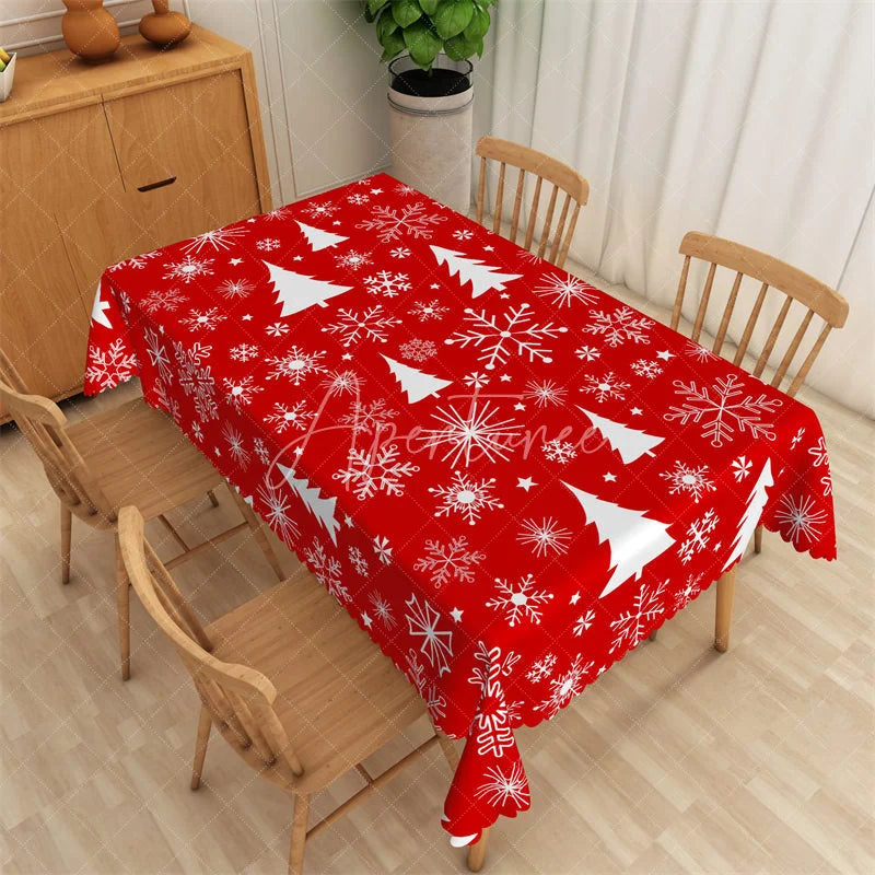 Aperturee - Aperturee Christmas Tree Rectangle Tablecloth Red with White Trees Snowflake Winter Holiday Table Cover Decor