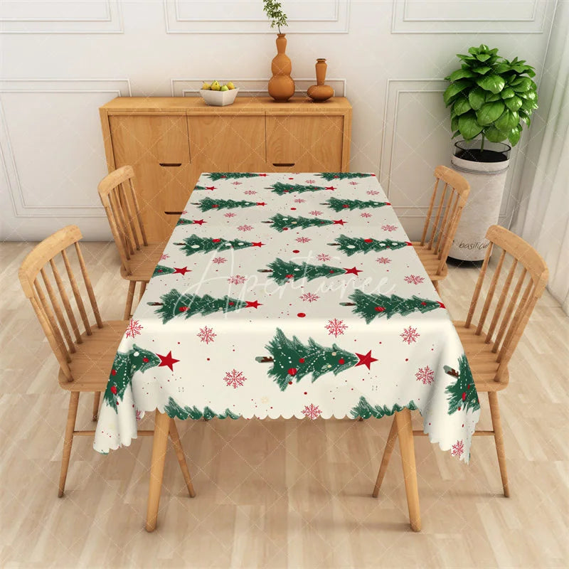 Aperturee - Aperturee Christmas Tree Rectangle Tablecloth White with Green Pine Trees Red Stars Snowflake Holiday Table Cover