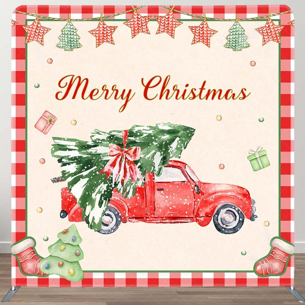 Aperturee - Aperturee Christmas Tree Red Truck Plaid Pillow Case Backdrop
