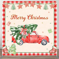 Aperturee - Aperturee Christmas Tree Red Truck Plaid Pillow Case Backdrop