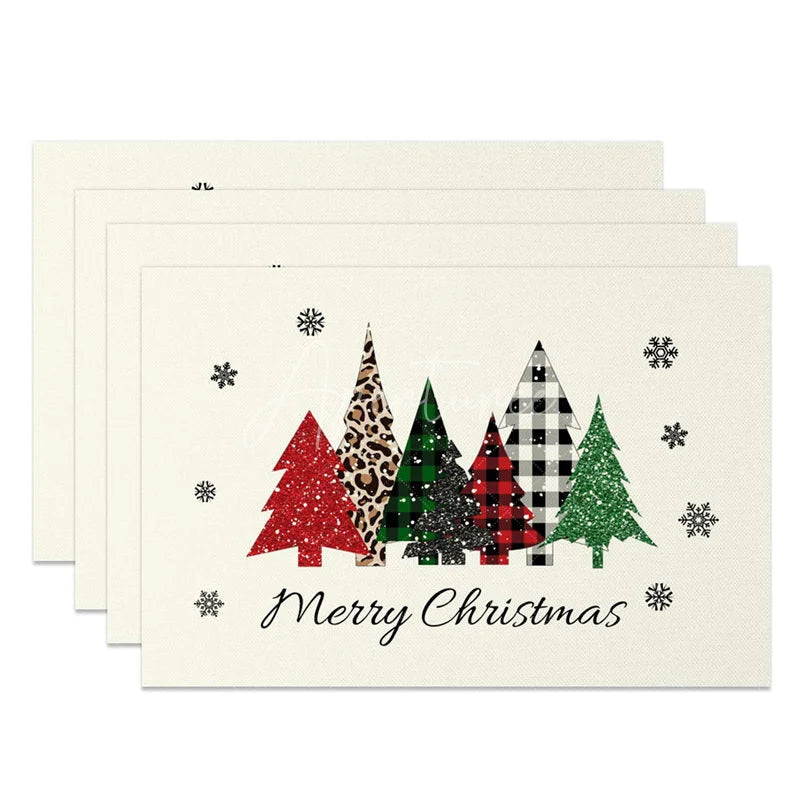 Aperturee - Aperturee Christmas Tree Set of 4 Placemats Leopard Plaid Trees Merry Christmas Farmhouse Table Mats Decor