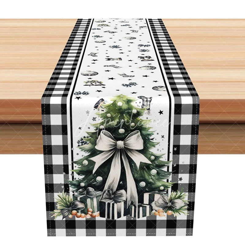 Aperturee - Aperturee Christmas Tree with White Bow Table Runner Black Buffalo Plaid Border Farmhouse Holiday Decor