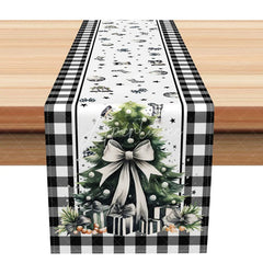 Aperturee - Aperturee Christmas Tree with White Bow Table Runner Black Buffalo Plaid Border Farmhouse Holiday Decor