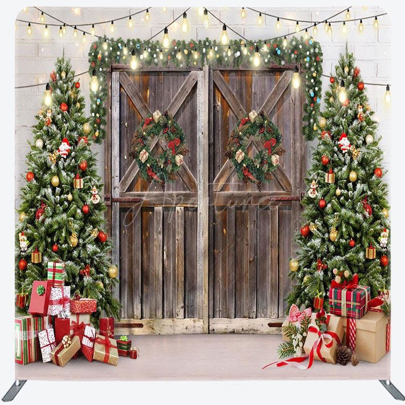 Aperturee - Aperturee Christmas Tree Wood Door Gift Tension Fabric Backdrop
