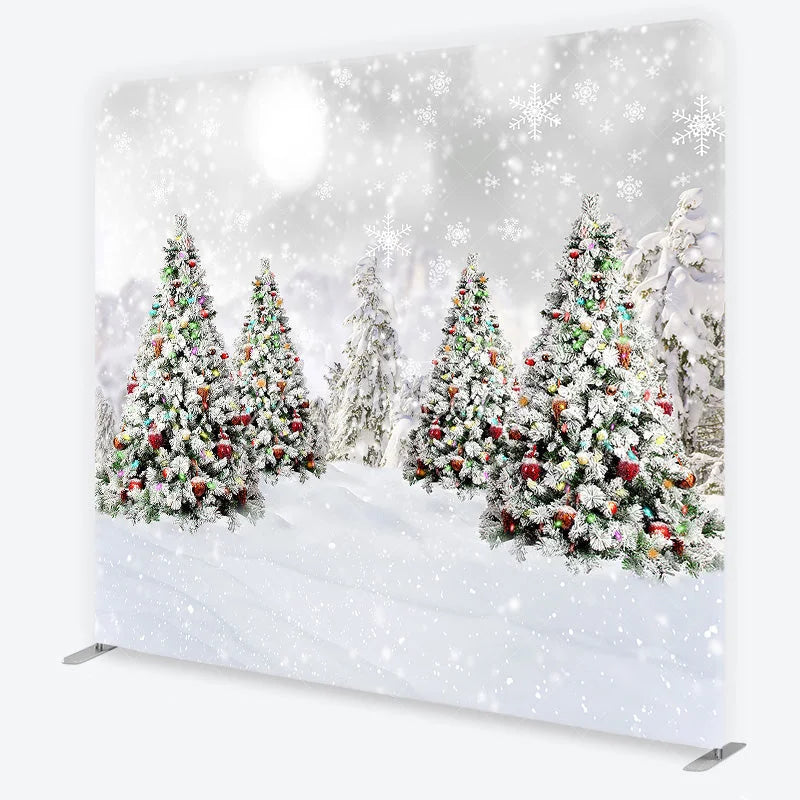 Aperturee - Aperturee Christmas Trees in Snow Tension Fabric Backdrop Winter Landscape with Ornaments and Snowflakes Background Holiday