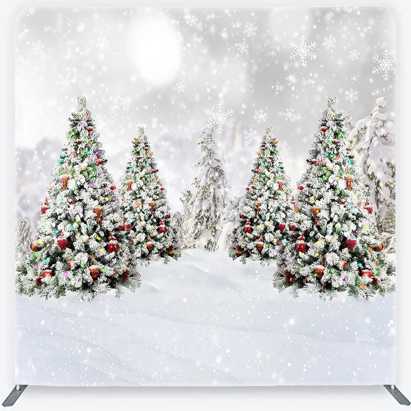 Aperturee - Aperturee Christmas Trees in Snow Tension Fabric Backdrop Winter Landscape with Ornaments and Snowflakes Background Holiday
