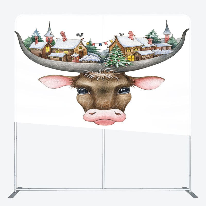 Aperturee - Aperturee Christmas Vibe Cow Snowy Town Pillow Case Backdrop