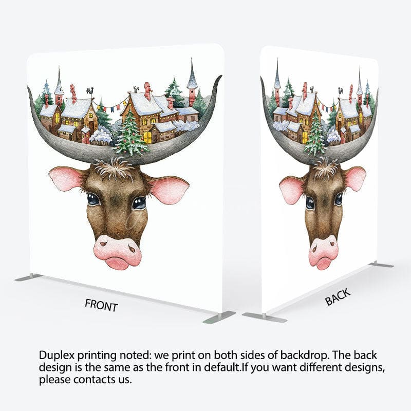 Aperturee - Aperturee Christmas Vibe Cow Snowy Town Pillow Case Backdrop
