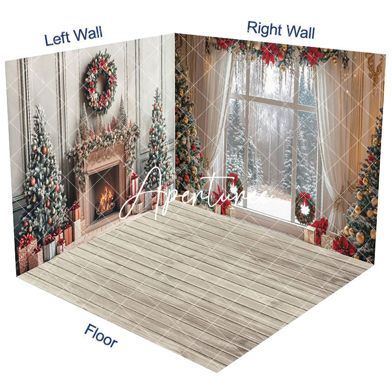 Aperturee - Aperturee Christmas Vibe Fireplace Window Room Set Backdrop