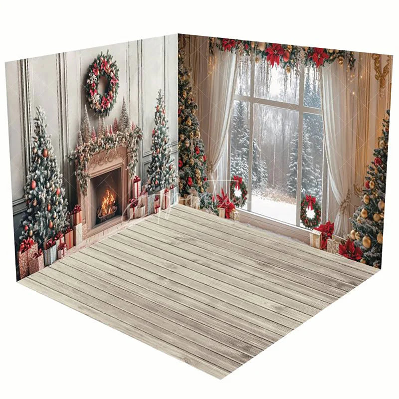 Aperturee - Aperturee Christmas Vibe Fireplace Window Room Set Backdrop