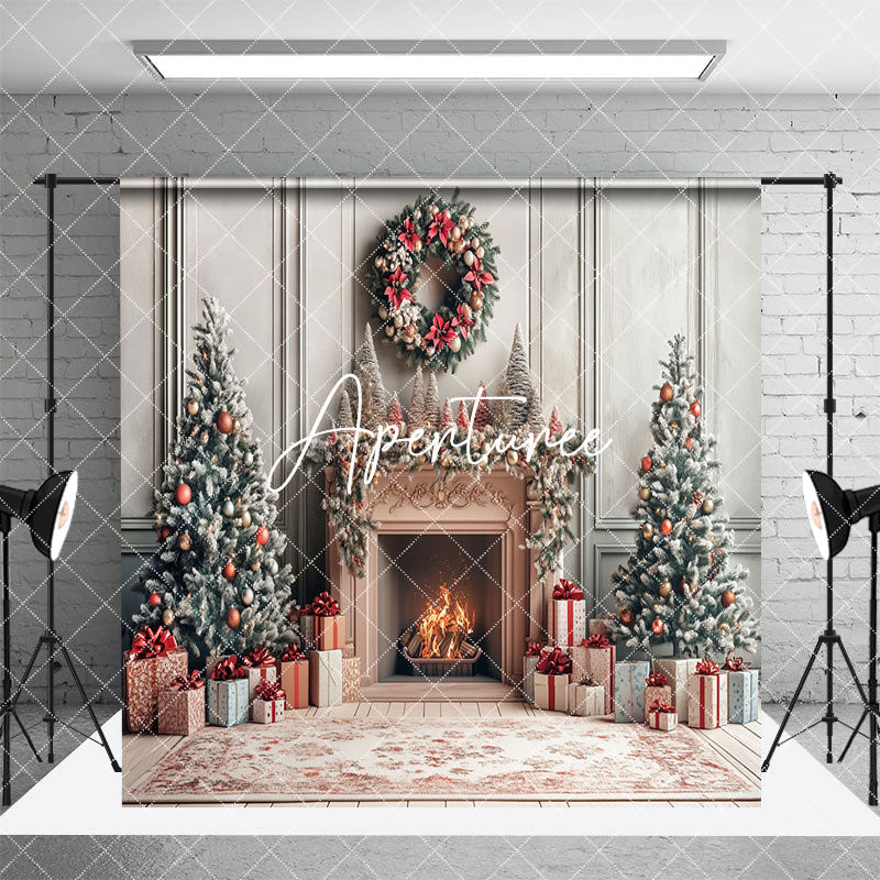Aperturee - Aperturee Christmas Vibe Fireplace Window Room Set Backdrop