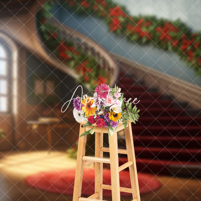 Aperturee - Aperturee Christmas Vibe House Poinsettia Stairs Backdrop