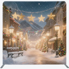 Aperturee - Aperturee Christmas Village Tension Fabric Backdrop Snowy Town Street with Lights Winter Holiday Photography Background
