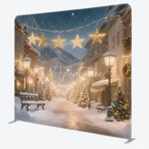 Aperturee - Aperturee Christmas Village Tension Fabric Backdrop Snowy Town Street with Lights Winter Holiday Photography Background