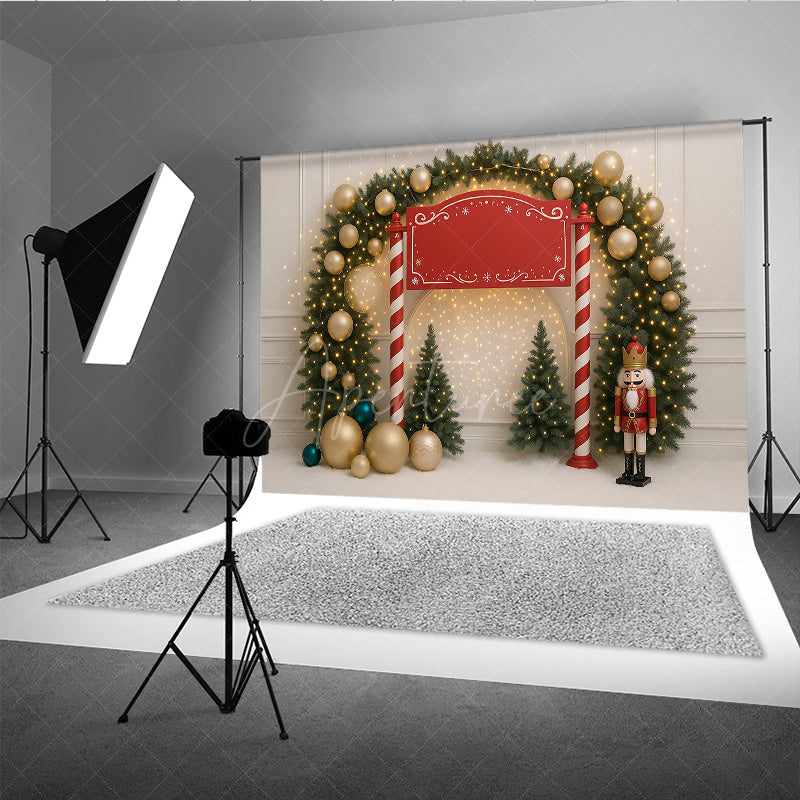 Aperturee Aperturee Christmas Welcome Sign Photography Backdrop Nutcracker and Xmas Tree Arch Holiday Party Entrance Photo Prop