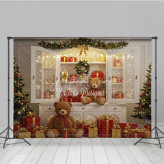 Aperturee - Aperturee Christmas White Cabinet Photography Backdrop Teddy Bears and Presents Display Farmhouse Holiday Photo Background