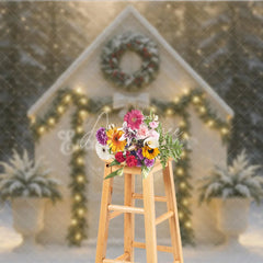 Aperturee - Aperturee Christmas White House Photography Backdrop Snowy Scene with Garland and Lights Holiday Mini Session Background