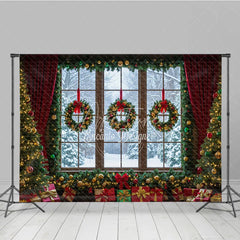 Aperturee - Aperturee Christmas Window Photography Backdrop Snowy View with Wreaths and Red Curtains Holiday Mini Session Background