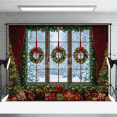 Aperturee - Aperturee Christmas Window Photography Backdrop Snowy View with Wreaths and Red Curtains Holiday Mini Session Background