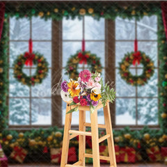 Aperturee - Aperturee Christmas Window Photography Backdrop Snowy View with Wreaths and Red Curtains Holiday Mini Session Background