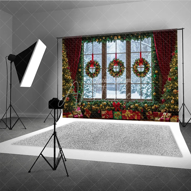 Aperturee - Aperturee Christmas Window Photography Backdrop Snowy View with Wreaths and Red Curtains Holiday Mini Session Background