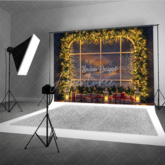 Aperturee - Aperturee Christmas Window Photography Backdrop Snowy Village View with String Lights Holiday Mini Session Background