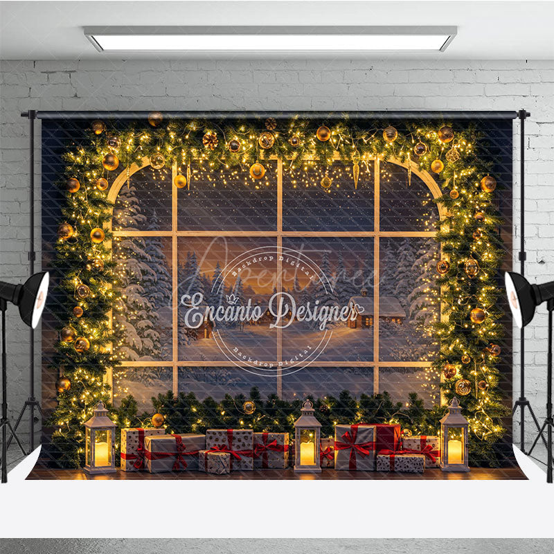 Aperturee - Aperturee Christmas Window Photography Backdrop Snowy Village View with String Lights Holiday Mini Session Background