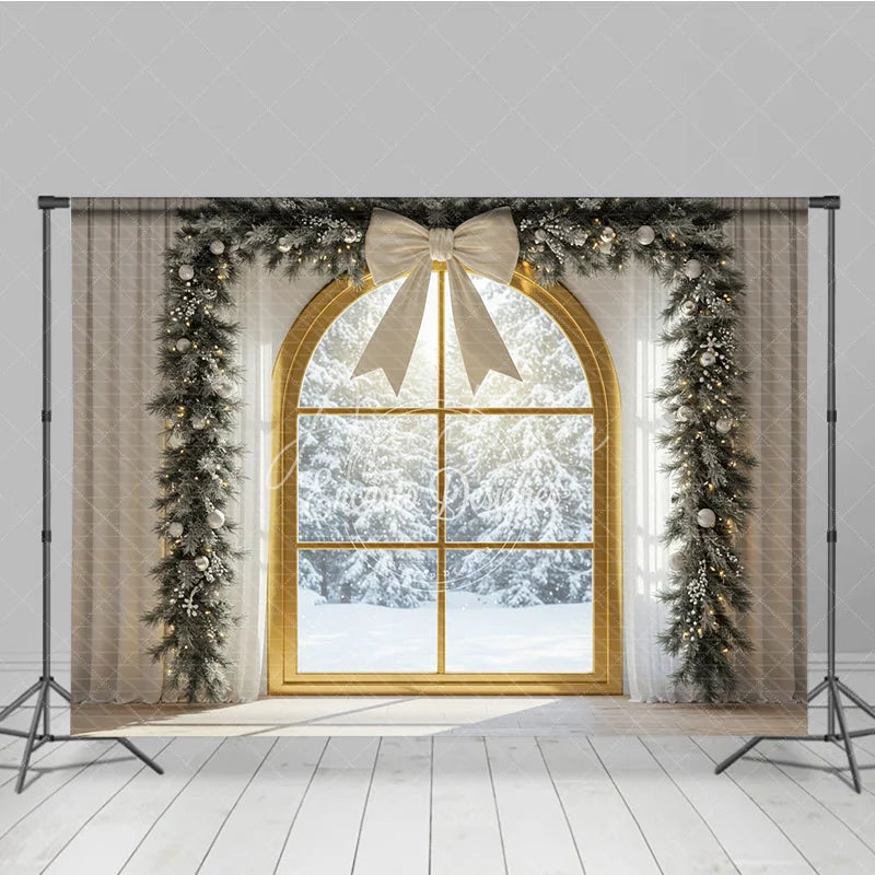 Aperturee - Aperturee Christmas Window Photography Backdrop with Snowy View Elegant White Bow and Flocked Garland Winter Photo Background