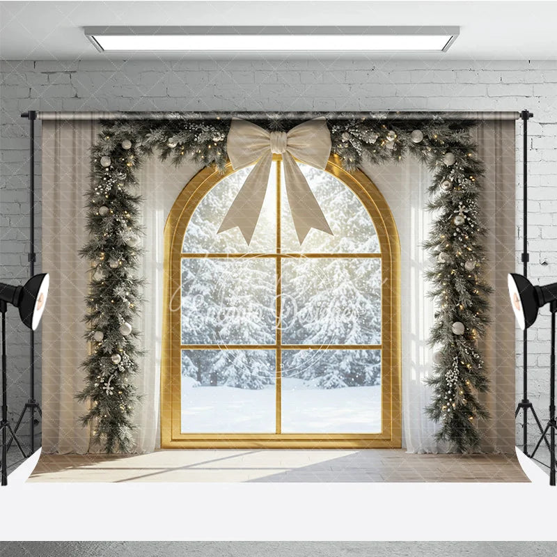 Aperturee - Aperturee Christmas Window Photography Backdrop with Snowy View Elegant White Bow and Flocked Garland Winter Photo Background