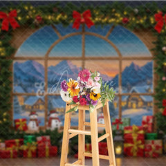 Aperturee - Aperturee Christmas Window Photography Backdrop with Snowy Village View Snowmen and Garland Holiday Photo Background
