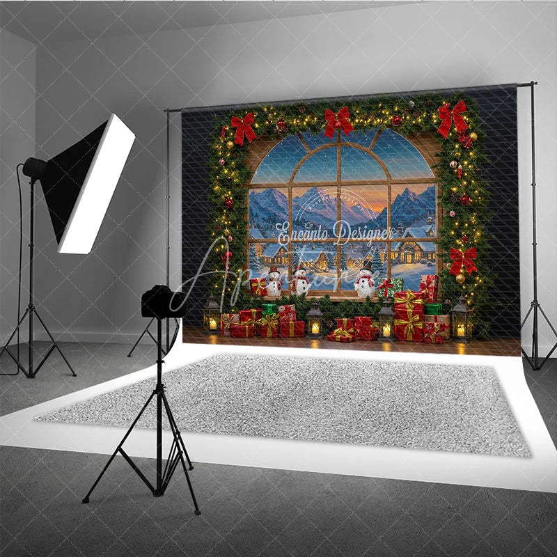 Aperturee - Aperturee Christmas Window Photography Backdrop with Snowy Village View Snowmen and Garland Holiday Photo Background
