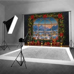 Aperturee - Aperturee Christmas Window Photography Backdrop with Snowy Village View Snowmen and Garland Holiday Photo Background
