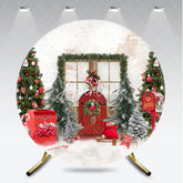 Aperturee - Aperturee Christmas Winter Wonderland Round Backdrop Decorated Trees Red Door and Snow Festive Holiday Party Decor