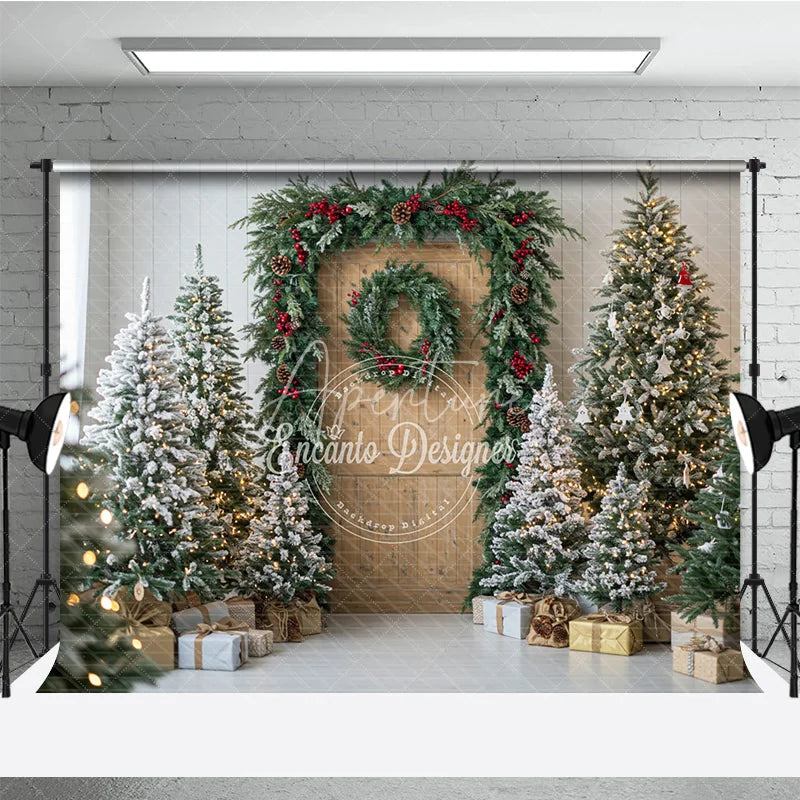 Aperturee - Aperturee Christmas Wood Door Photography Backdrop Flocked Trees with Red Berry Garland Rustic Holiday Mini Session Background