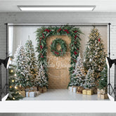 Aperturee - Aperturee Christmas Wood Door Photography Backdrop Flocked Trees with Red Berry Garland Rustic Holiday Mini Session Background
