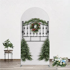 Aperturee - Aperturee Christmas Wreath Pine Garland Round Top Arch Backdrop Elegant Black Metal Festive Holiday Decor