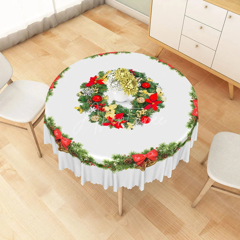 Aperturee - Aperturee Christmas Wreath Round Tablecloth with Red Bows and Bells Simple White Holiday Dining Table Decor