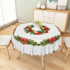 Aperturee - Aperturee Christmas Wreath Round Tablecloth with Red Bows and Bells Simple White Holiday Dining Table Decor