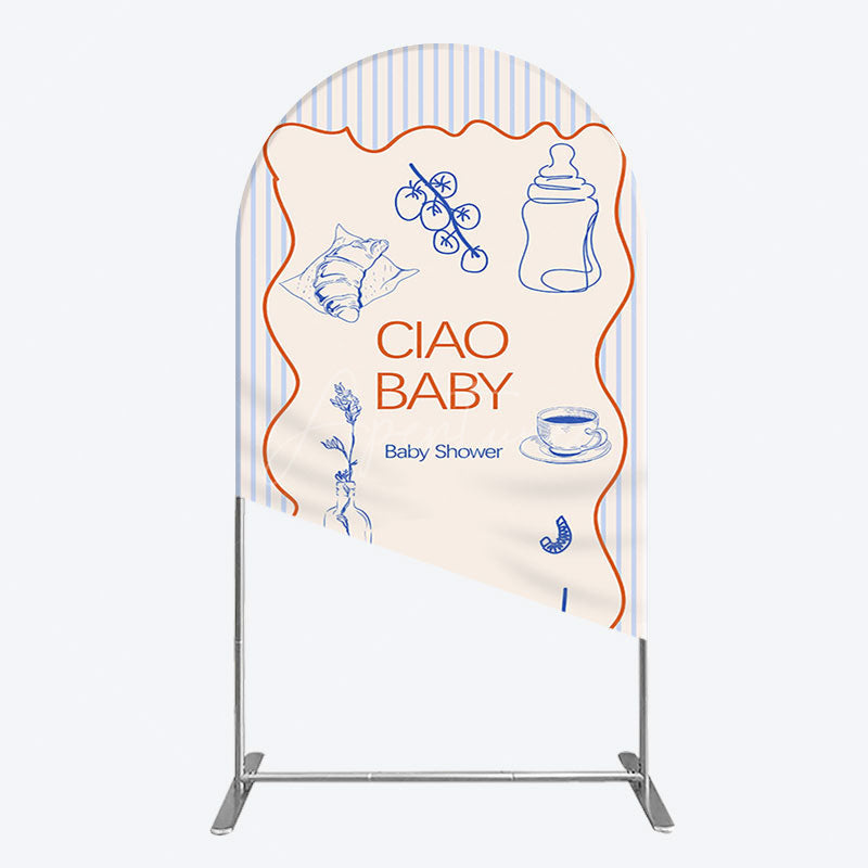 Aperturee - Aperturee Ciao Baby Blue Stripe Gender Reveal Arch Backdrop