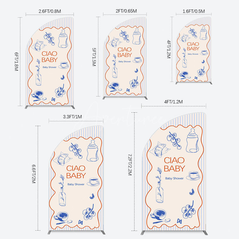 Aperturee - Aperturee Ciao Baby Blue Stripe Gender Reveal Half Moon Arch Backdrop