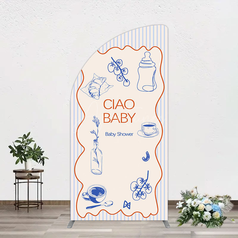 Aperturee - Aperturee Ciao Baby Blue Stripe Gender Reveal Half Moon Arch Backdrop