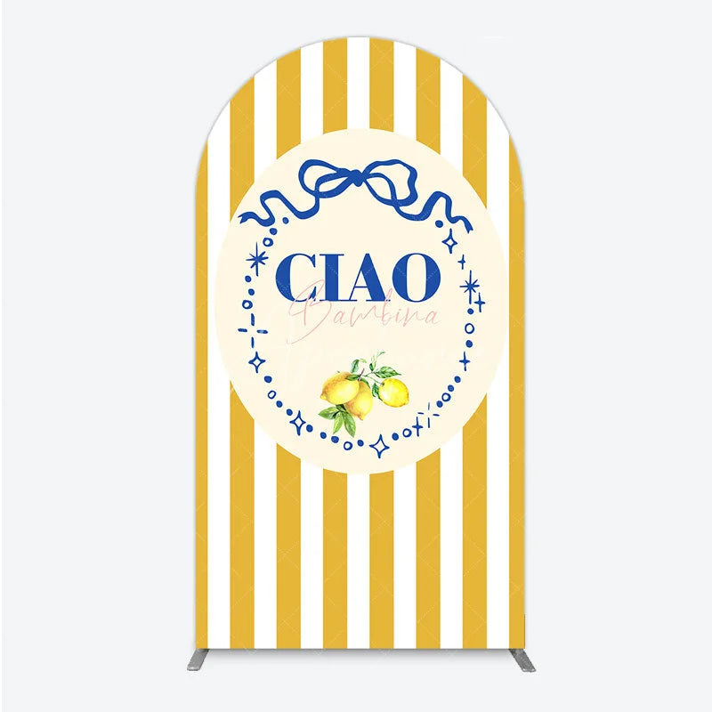 Aperturee - Aperturee Ciao Bambina Italian Themed Arch Backdrop for Baby Shower Lemon and Blue Bow with Yellow Stripes Positano Decor