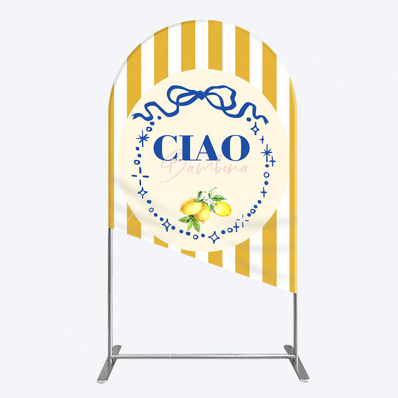 Aperturee - Aperturee Ciao Bambina Italian Themed Arch Backdrop for Baby Shower Lemon and Blue Bow with Yellow Stripes Positano Decor