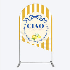 Aperturee - Aperturee Ciao Bambina Italian Themed Arch Backdrop for Baby Shower Lemon and Blue Bow with Yellow Stripes Positano Decor