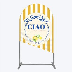 Aperturee - Aperturee Ciao Bambina Italian Themed Arch Backdrop for Baby Shower Lemon and Blue Bow with Yellow Stripes Positano Decor