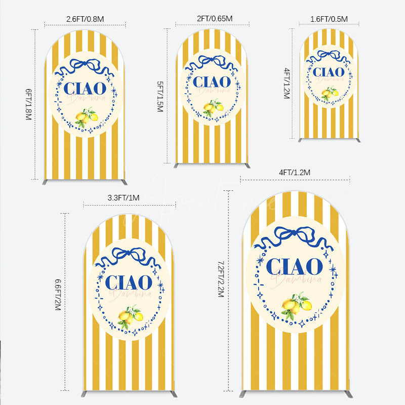 Aperturee - Aperturee Ciao Bambina Italian Themed Arch Backdrop for Baby Shower Lemon and Blue Bow with Yellow Stripes Positano Decor