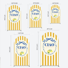 Aperturee - Aperturee Ciao Bambina Italian Themed Arch Backdrop for Baby Shower Lemon and Blue Bow with Yellow Stripes Positano Decor