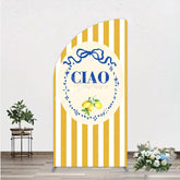 Aperturee - Aperturee Ciao Bambina Italian Themed Half Moon Arch Backdrop for Baby Shower Lemon and Blue Bow with Yellow Stripes Positano