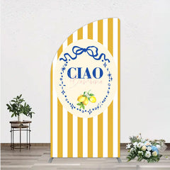Aperturee - Aperturee Ciao Bambina Italian Themed Half Moon Arch Backdrop for Baby Shower Lemon and Blue Bow with Yellow Stripes Positano